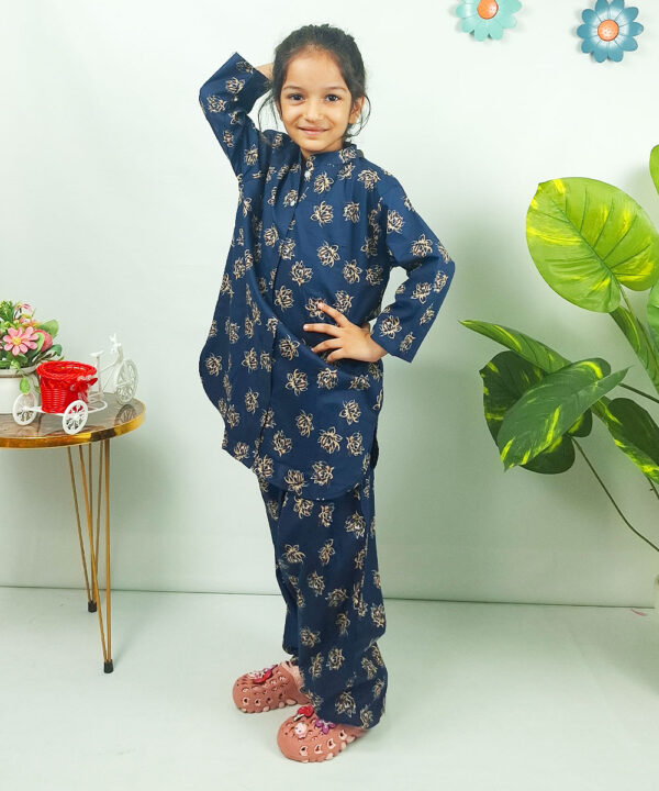 Navy Floral Printed Cotton Suit Girls